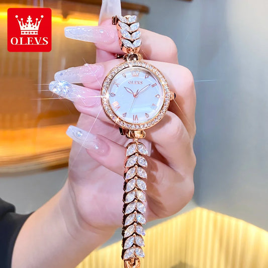 OLEVS Women's Waterproof Stainless Steel Fish Bone Strap Luminous Hand Diamond Watch