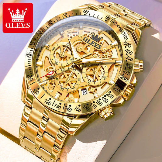 OLEVS 9913 Men's Gold Luxury Hollow Out Waterproof Luminous Chronograph Date