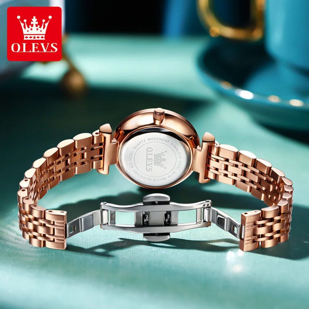 OLEVS 5536 Women's Rhombic shape Mirror Rose Gold Steel Waterproof