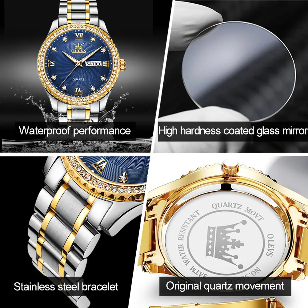 OLEVS Men's Shiny DIamond Threaded Dial Waterproof Luminous Reloj