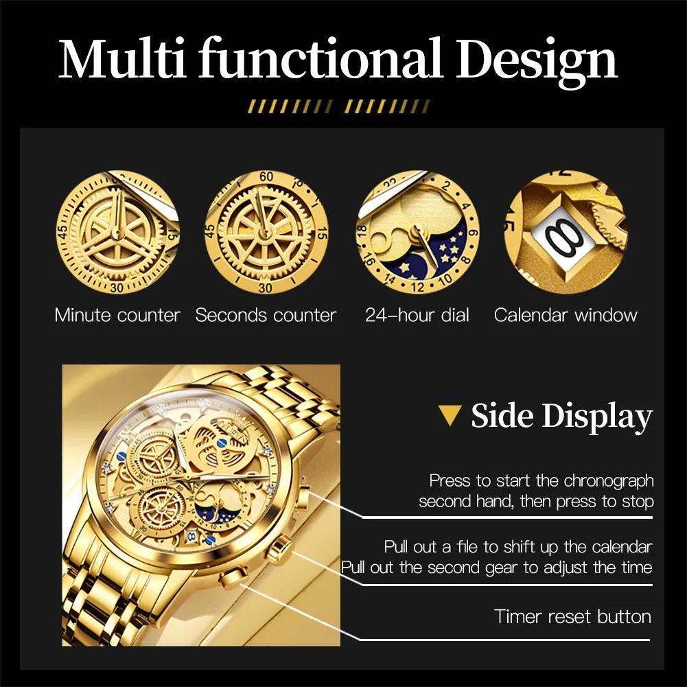 OLEVS 9947 Top Brand Luxury Original Waterproof Quartz Watch for Man Gold Skeleton Style