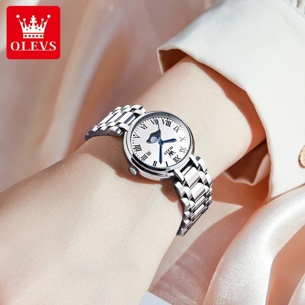 OLEVS 5573 Women's Minimalist Waterproof Stainless Steel Calendar Moon Pash Set