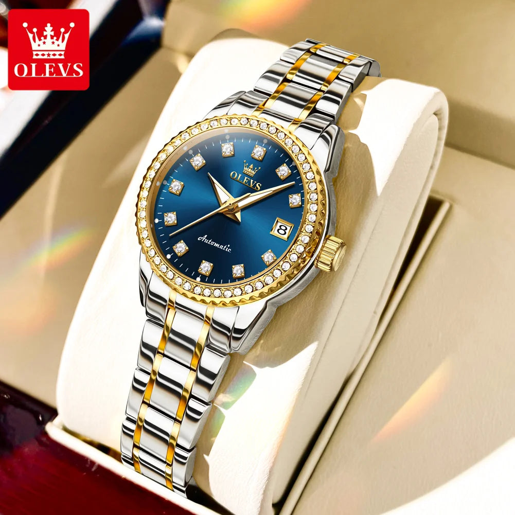 OLEVS 7003 Women's Mechanical Ladies Sparkling Diamond Dial Waterproof Luminous Date