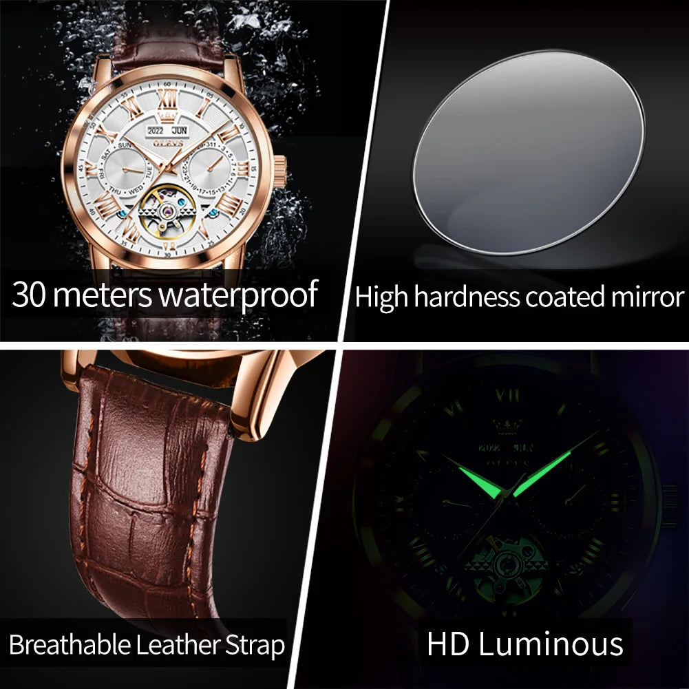 OLEVS Men's Classic Waterproof Leather Strap Luminous Calendar i