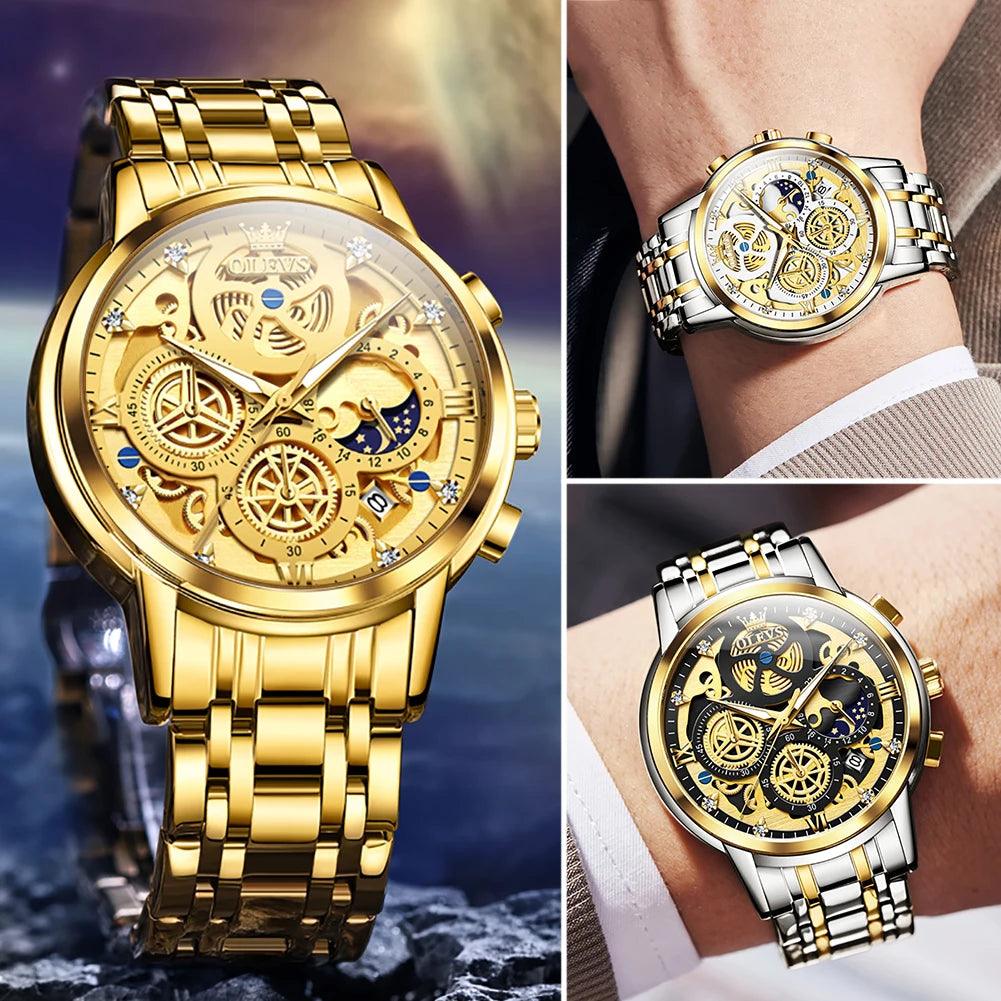 OLEVS 9947 Top Brand Luxury Original Waterproof Quartz Watch for Man Gold Skeleton Style