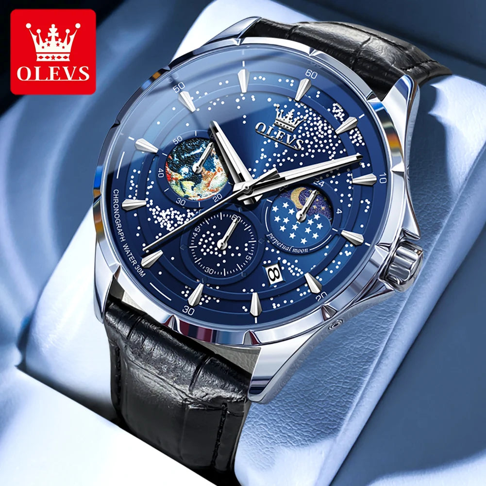 OLEVS 5538 Men's Leather Luminous Watch Chronograph Moon Phase