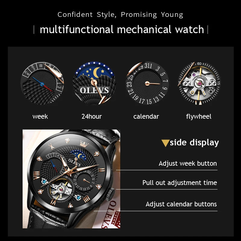 OLEVS 6652 Men's Skeleton Leather Calendar Date Watch