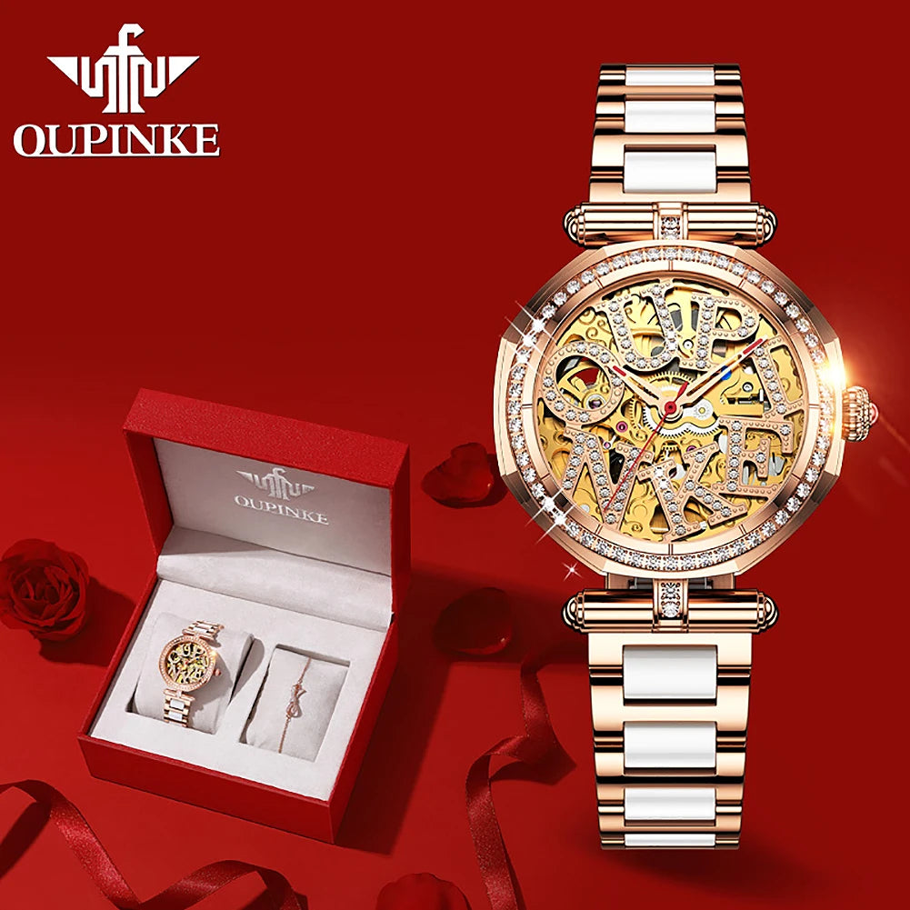 OUPINKE 3175 Women Luxury Elegant Mechanical Waterproof Sapphire Mirror Necklace & Wristwatch Set