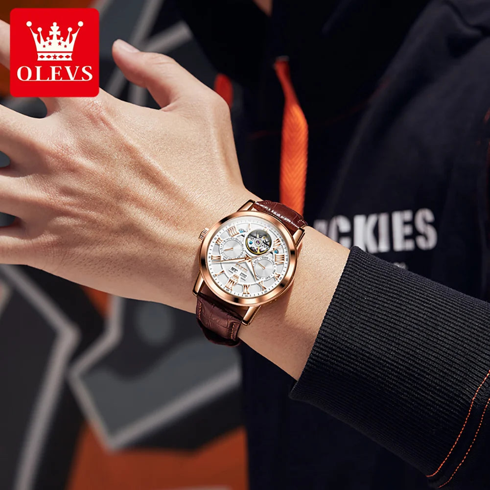 OLEVS Men's Classic Waterproof Leather Strap Luminous Calendar i