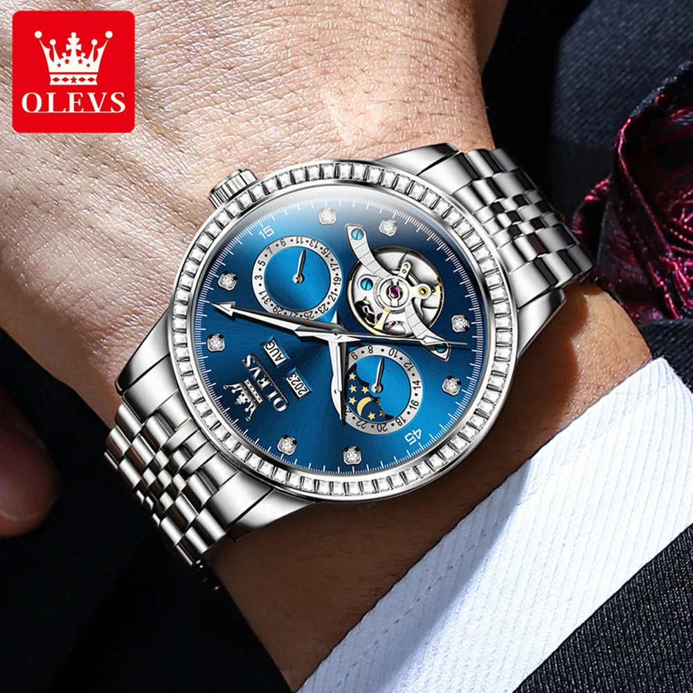 OLEVS 7016 Men's Hollow Flywheel Rhinestone Dial Moon Phase Perpetual Calendar