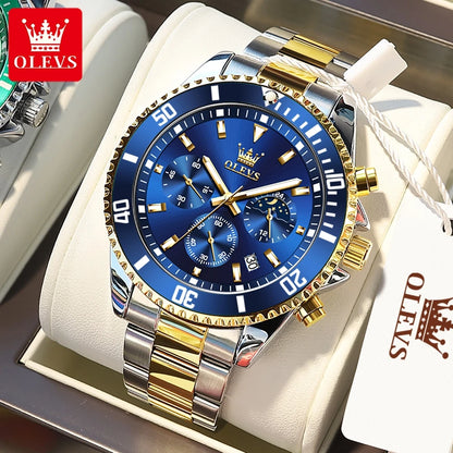 OLEVS 2870 Men's Waterproof Stainless Steel Chronograph Moon Phase Rota Dial