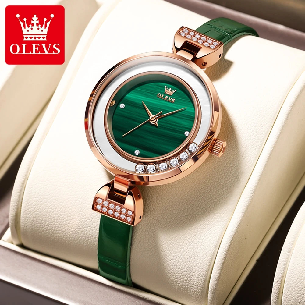 OLEVS Women's Elegant Green Simple Dress Watch Waterproof Leather