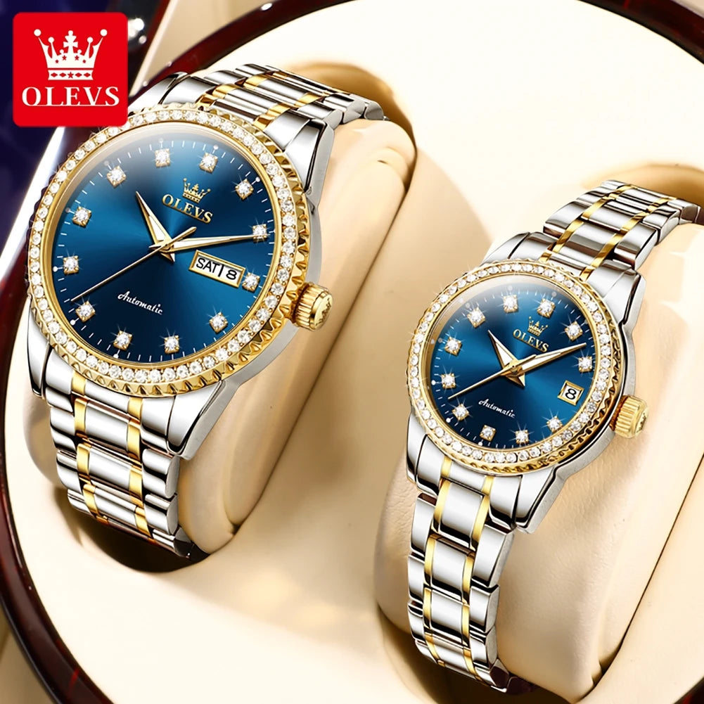 OLEVS 7703cp Couple Luxury Mechanical Waterproof With Diamond Dial Date