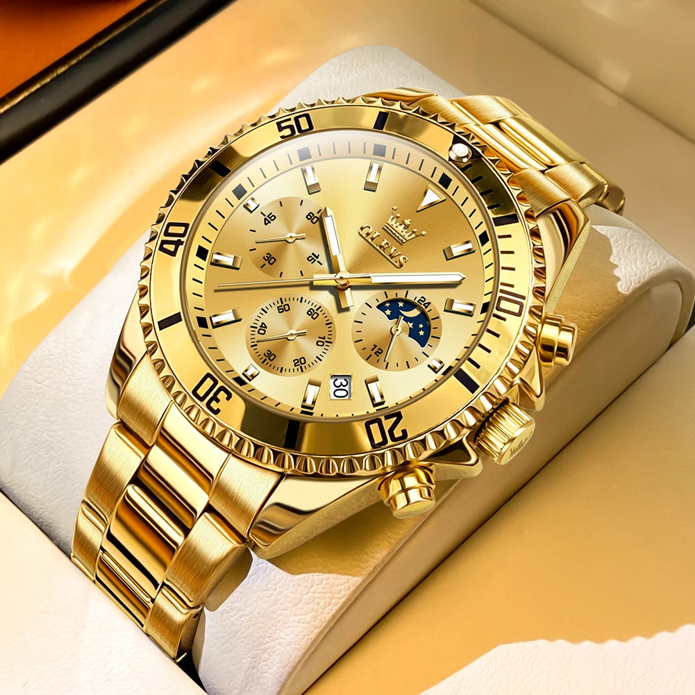 OLEVS 2870 Men's Waterproof Stainless Steel Chronograph Moon Phase Rota Dial