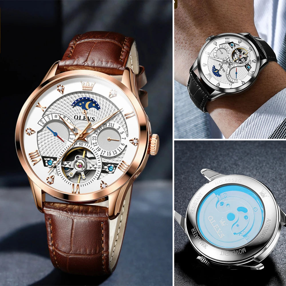 OLEVS 6652 Men's Skeleton Leather Calendar Date Watch