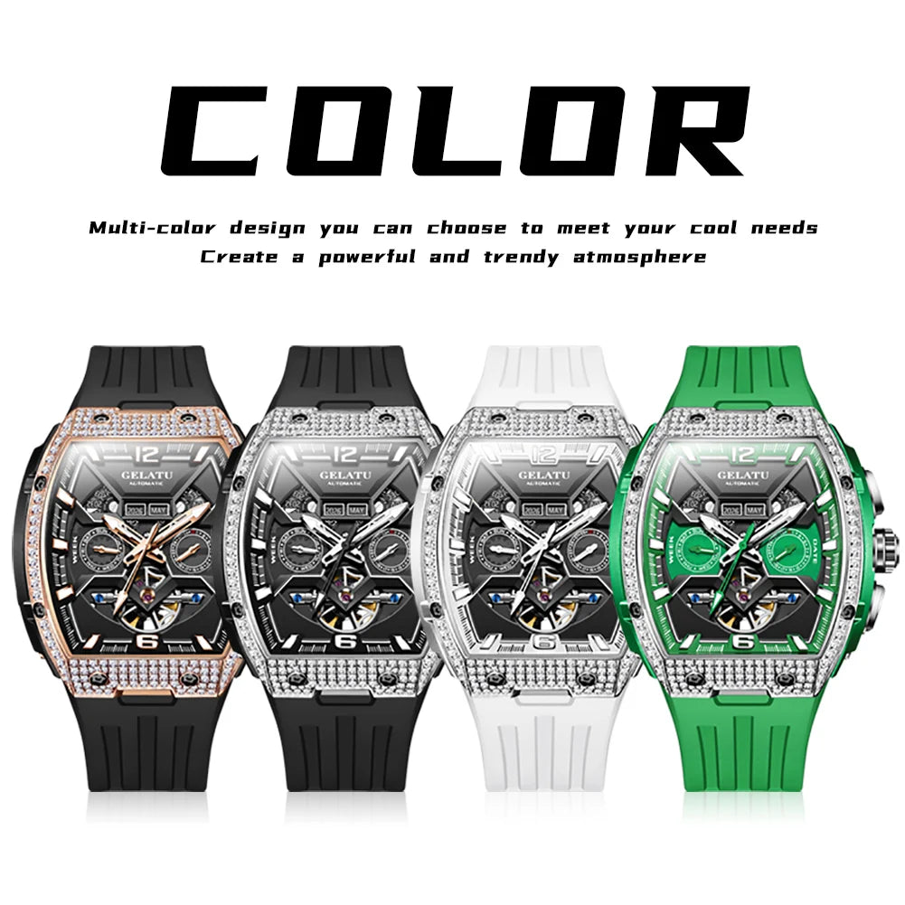 GELATU Top Brand Men's Watches Full Automatic Wristwatch for Man Hollow Mechanical Flywheel Date Week Waterproof Luminous