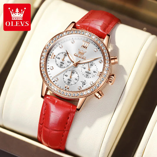 OLEVS 9933 Women's Luxury Diamond Ladies Waterproof Leather Strap Watch