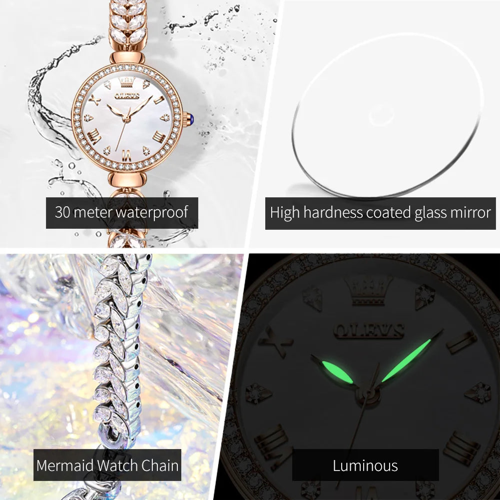 OLEVS 9971 Women's Waterproof Stainless Steel Fish Bone Strap Luminous Hand Diamond