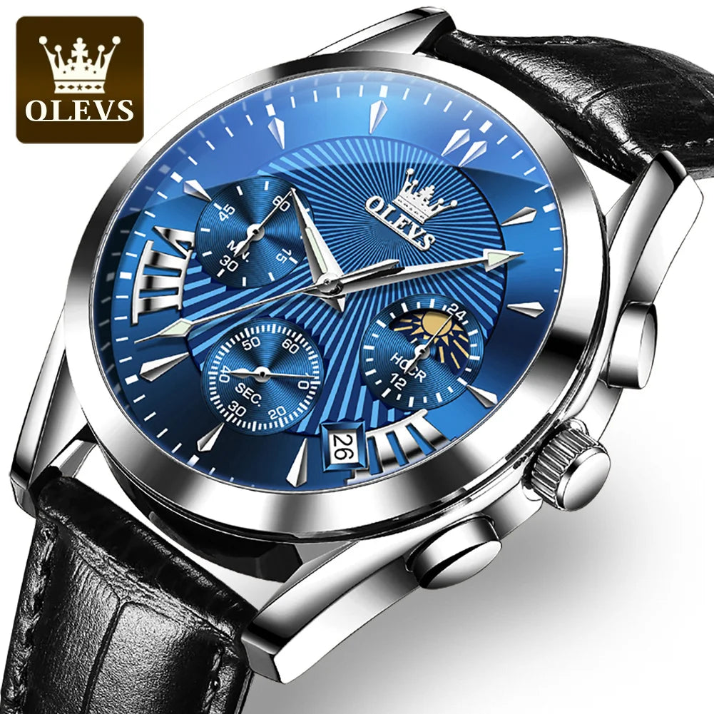 OLEVS Sport Chronograph Quartz Waterproof Leather Strap Luminous dial