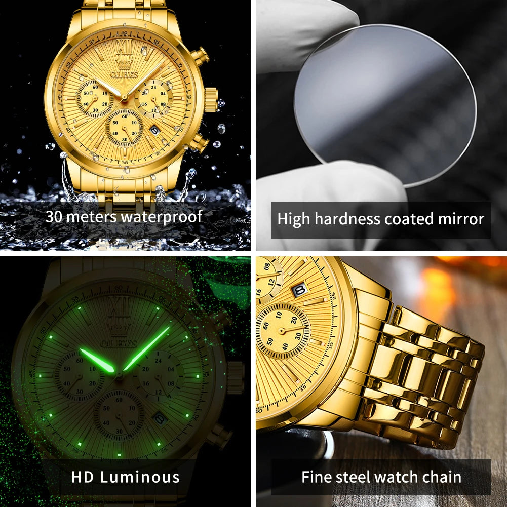 OLEVS Men's Luxury Gold Fashion Waterproof Luminous Chronograph TY709