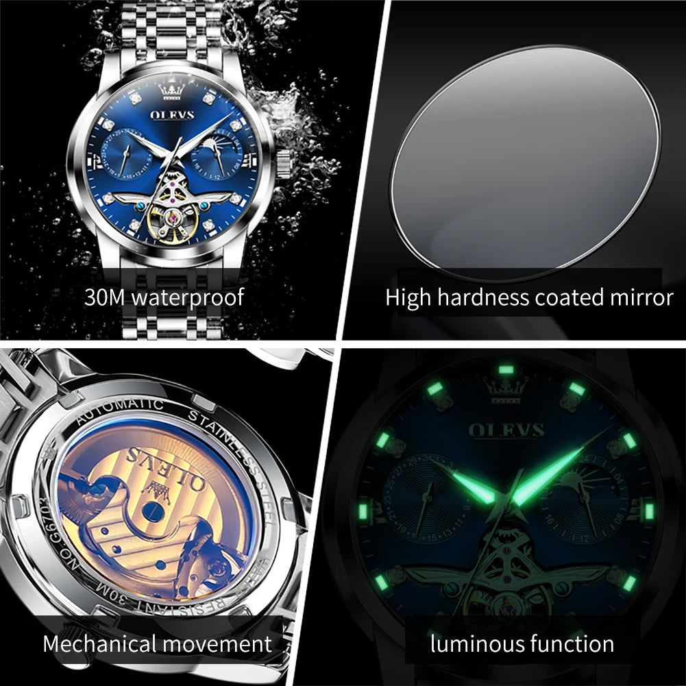 OLEVS Men's Business Hollow Flywheel Movement Waterproof Luminous Moon Phase