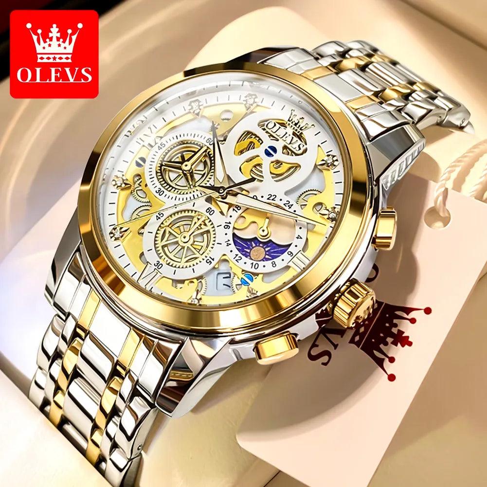 OLEVS 9947 Top Brand Luxury Original Waterproof Quartz Watch for Man Gold Skeleton Style