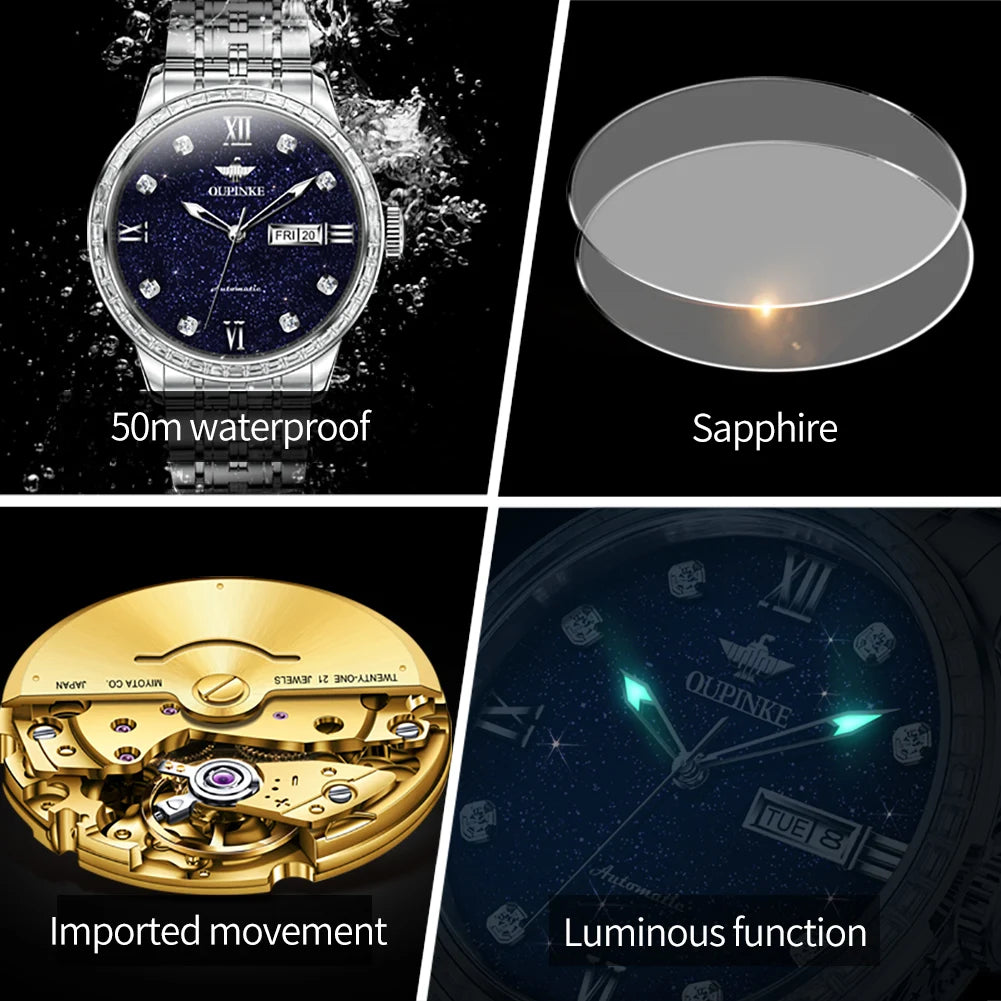 OUPINKE 3241 Men Mechanical Starry Sky Dial Waterproof Tungsten Steel