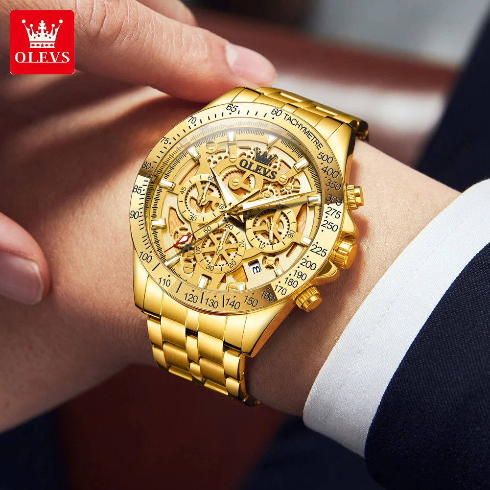 OLEVS 9913 Men's Gold Luxury Hollow Out Waterproof Luminous Chronograph Date