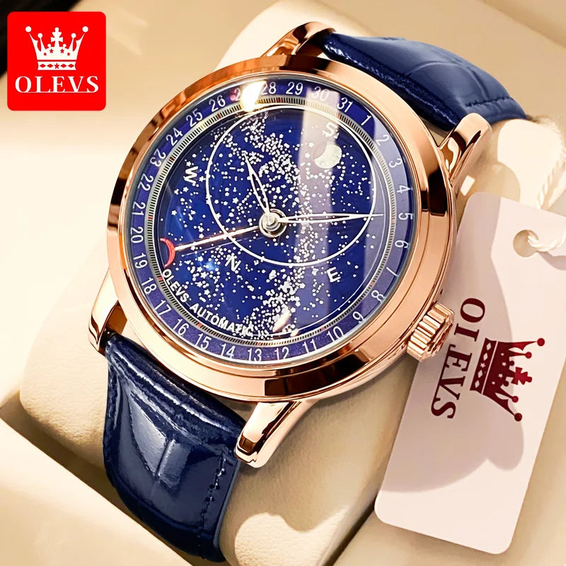 OLEVS 9923 Men's Moon Phase Man Blue Leather Luxury Wristwatch