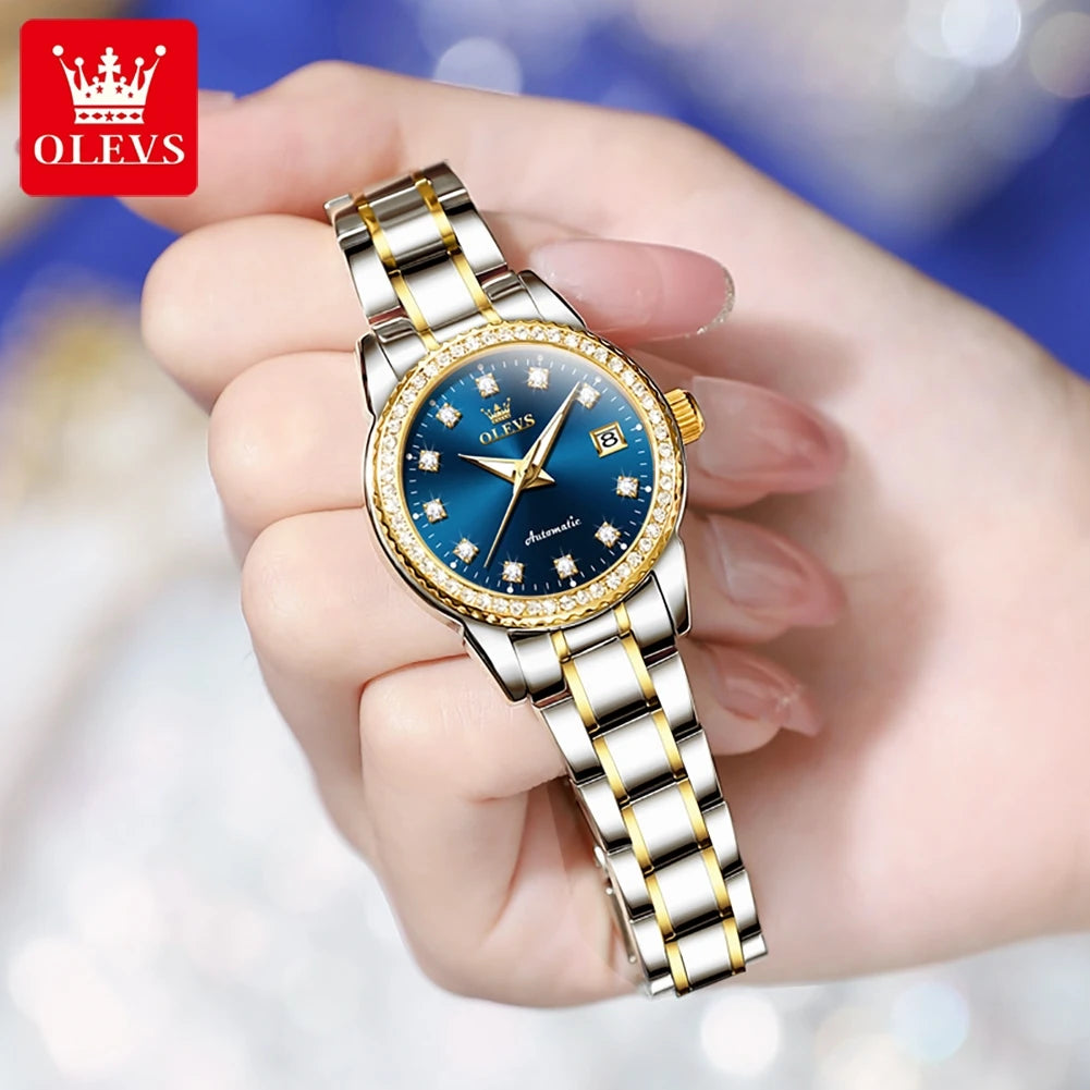 OLEVS 7003 Women's Mechanical Ladies Sparkling Diamond Dial Waterproof Luminous Date