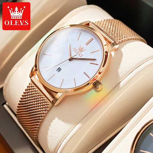 OLEVS 6898 Waterproof Luxury Lady's Stainless Steel Rose Gold Set