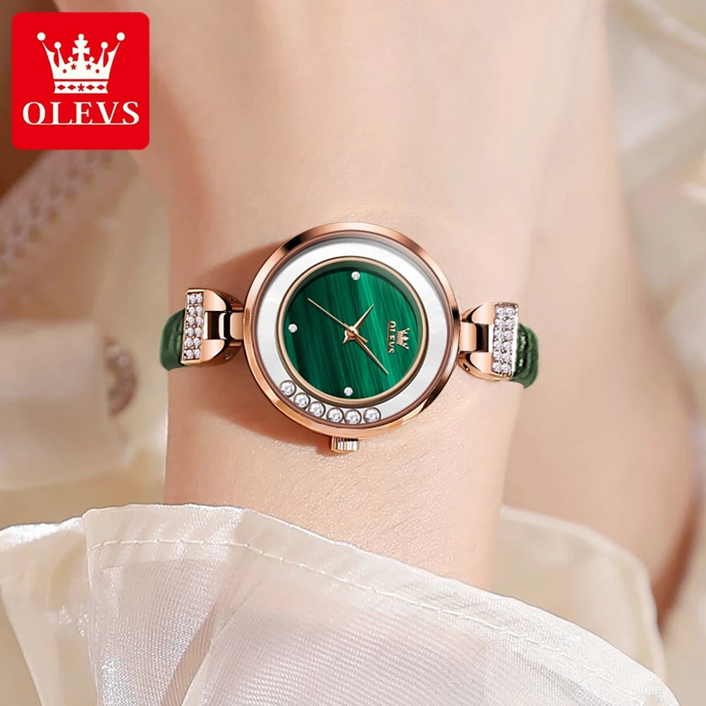 OLEVS Women's Elegant Green Simple Dress Watch Waterproof Leather