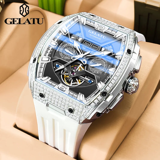 GELATU Man Hollow Mechanical Flywheel Date Week Waterproof Luminous