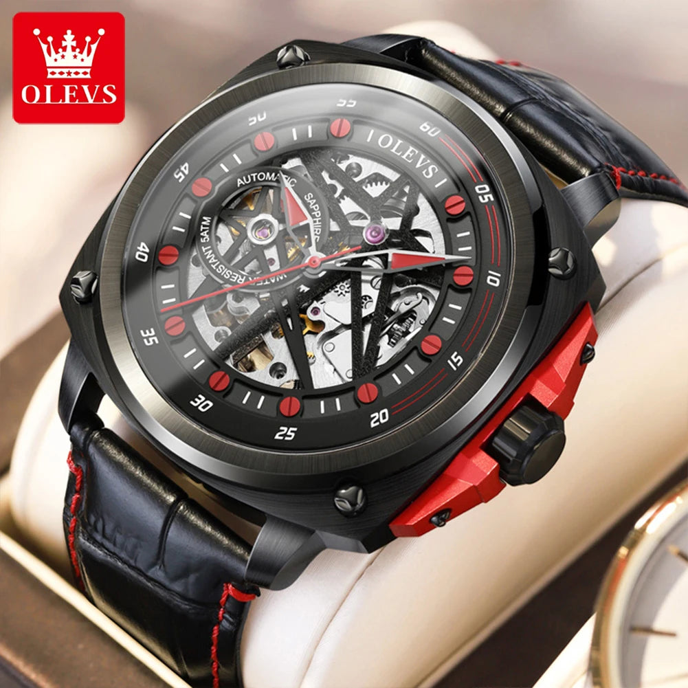 OLEVS Double Star Skeleton 50m Waterproof Leather Strap Lunminous Ruby