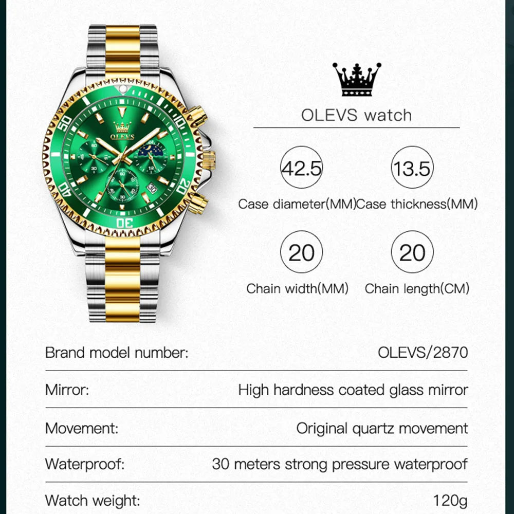 OLEVS 2870 Men's Waterproof Quartz Stainless Steel Strap Sport Date Clock