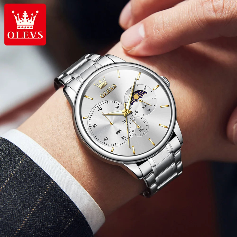 OLEVS Men's Waterproof Stainleess Steel Luminous Moon Phase Chronograph