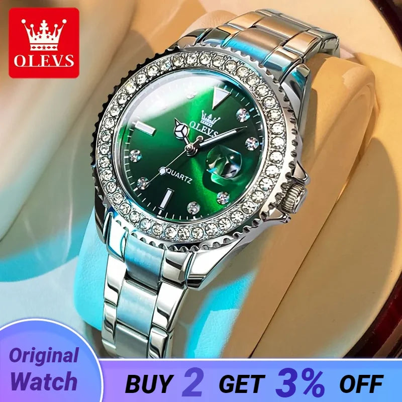 OLEVS 9945 Luxury Diamond Waterproof Stainless steel Leather Watch Set