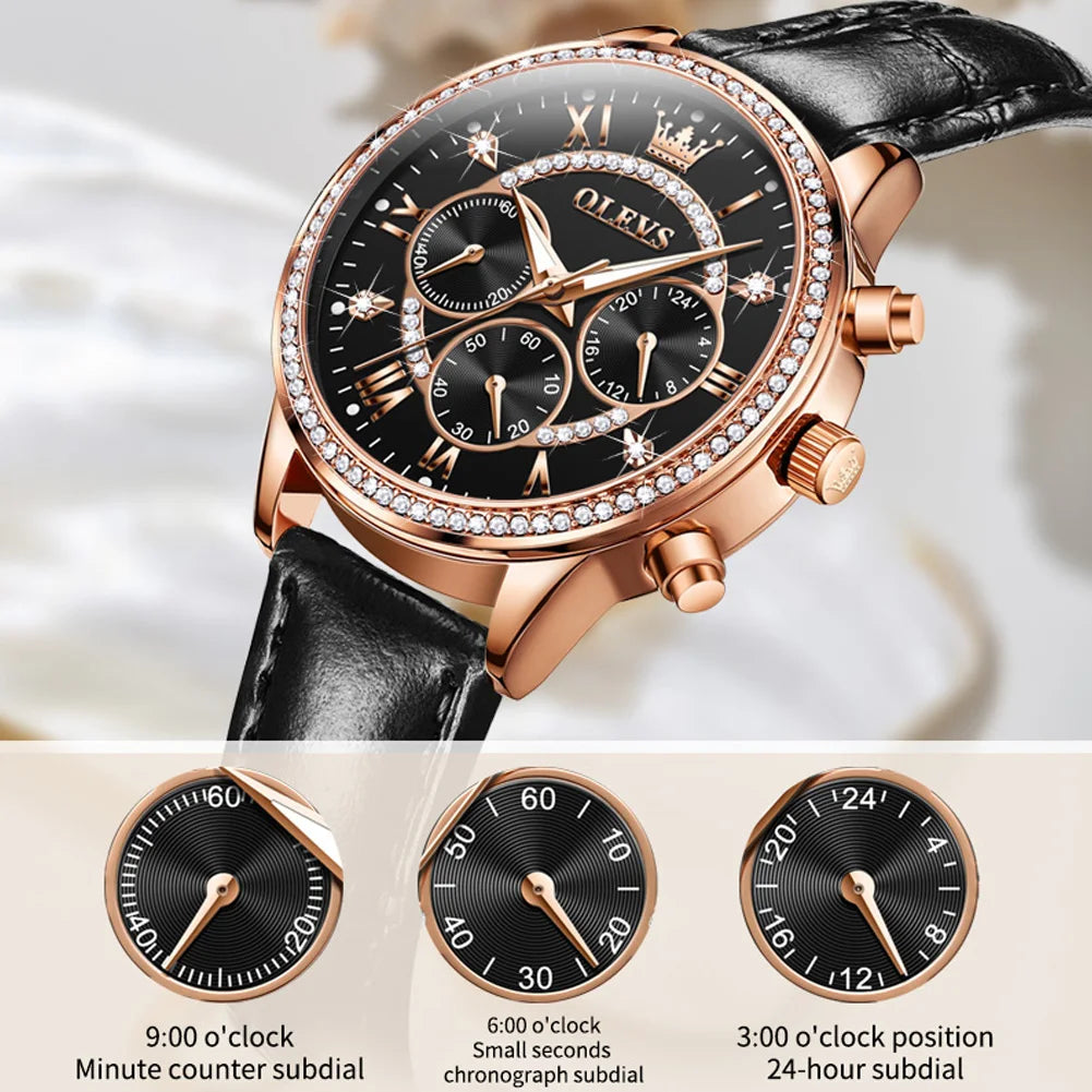 OLEVS 2915 Women's Diamond Bezel Ladies Soft Leather Waterproof Luminous Chronograph