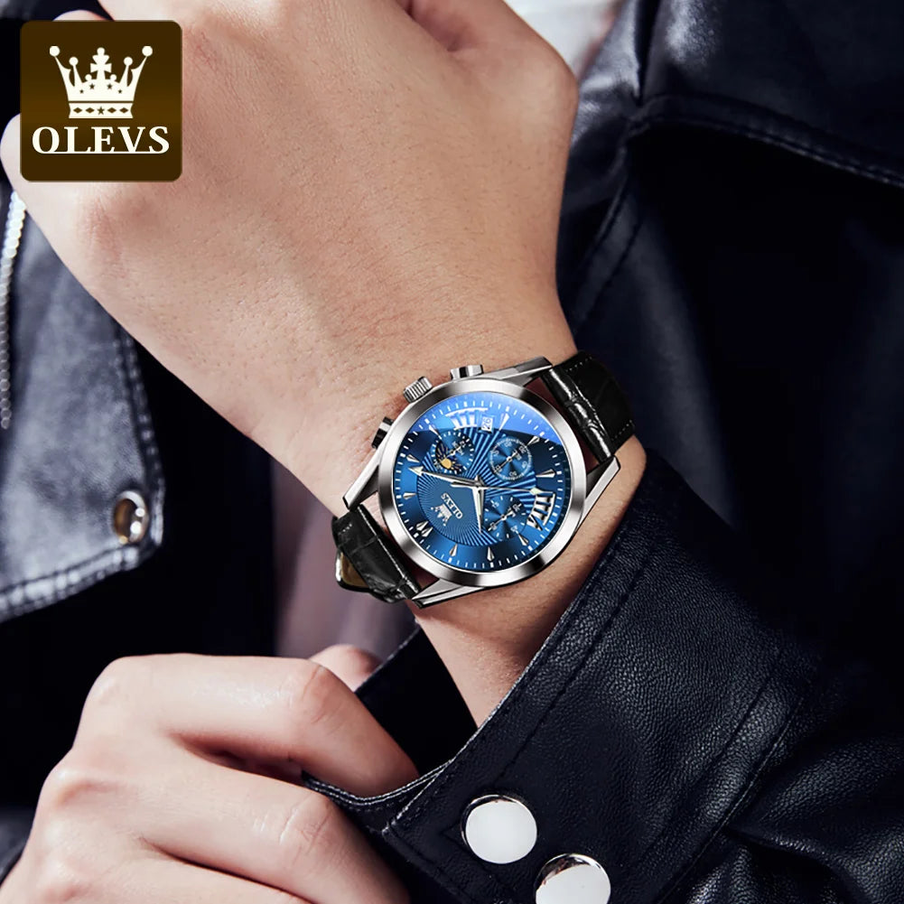 OLEVS Sport Chronograph Quartz Waterproof Leather Strap Luminous dial