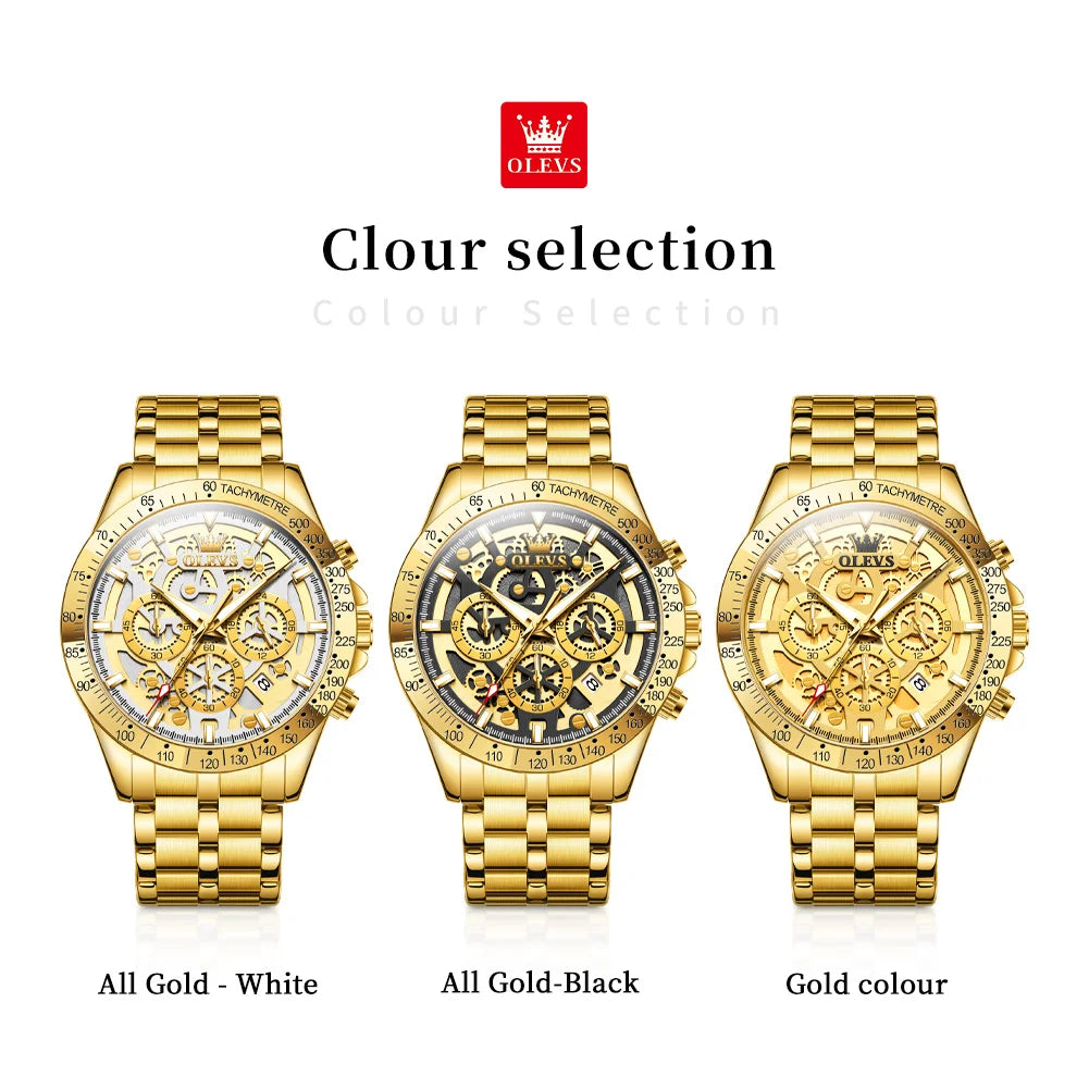 OLEVS 9913 Men's Gold Luxury Hollow Out Waterproof Luminous Chronograph Date