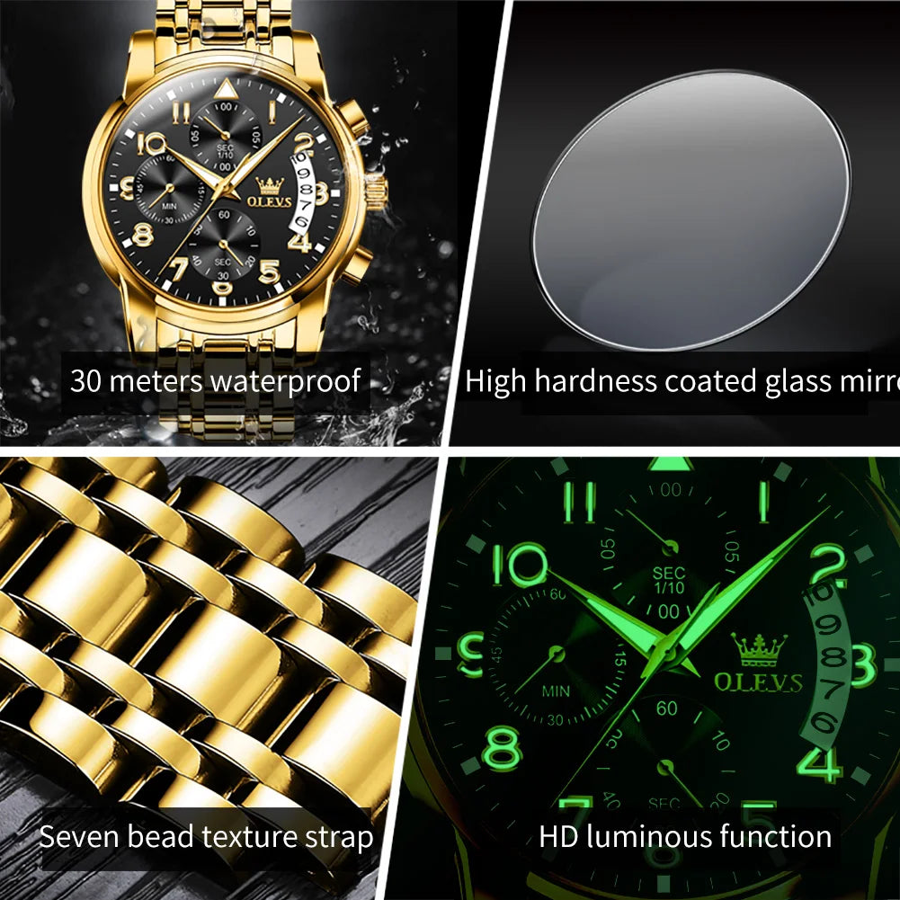 OLEVS 2879 Luxury Men's Gold Chronograph Stainless Steel Luminous Social