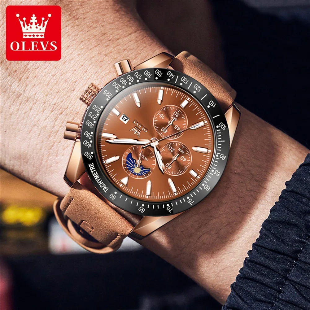 OLEVS 9980 Men's Quartz Waterproof Multifuncion Chronograph Moon Phase Display