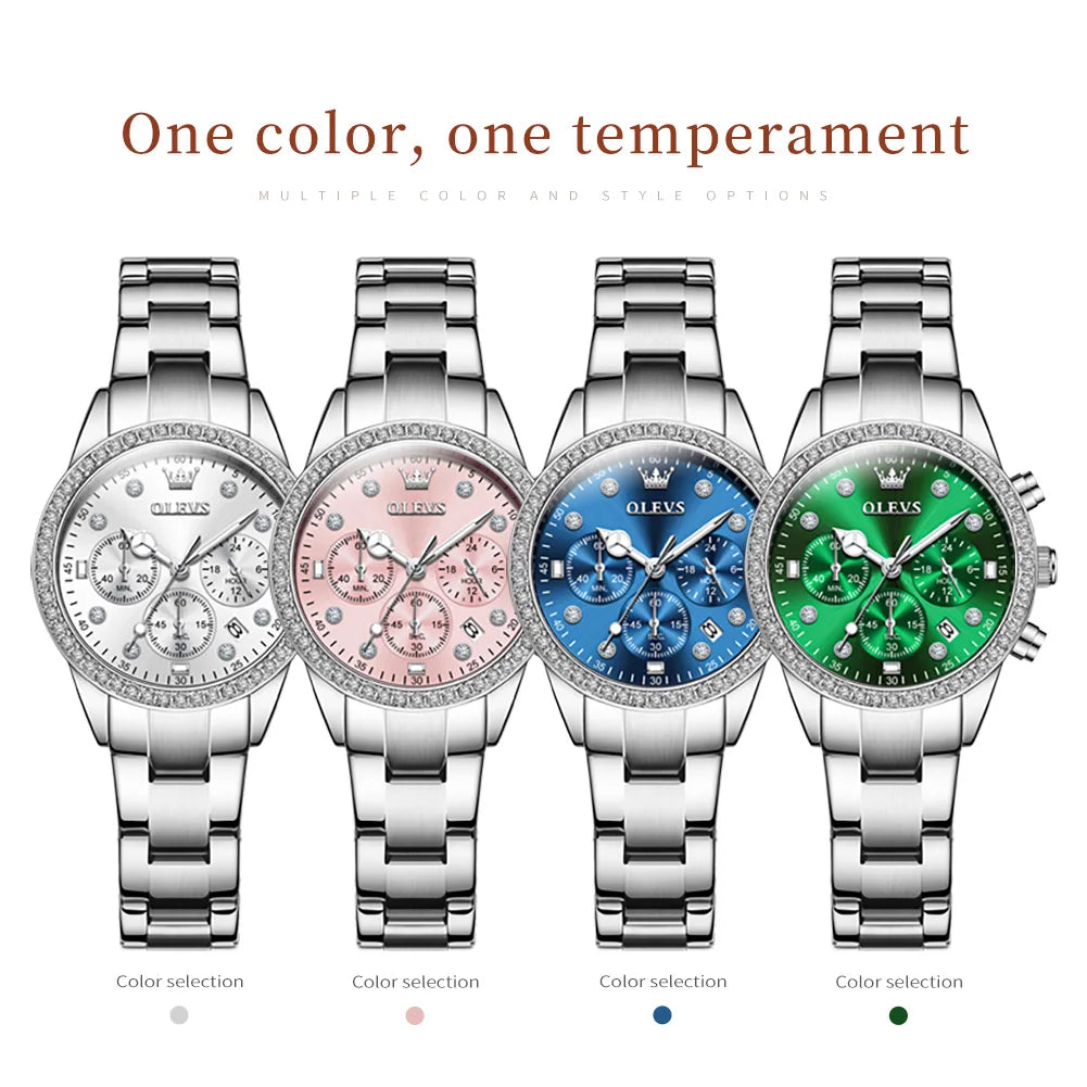 OLEVS 9909 Women's Light Luxury Zircon Bezel Waterproof Luminous Chronograph Wristwatch