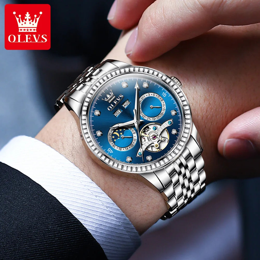 OLEVS 7016 Men's Hollow Flywheel Rhinestone Dial Moon Phase Perpetual Calendar
