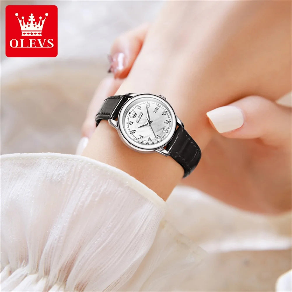 OLEVS 9981 Women's Diamond Scale Date Waterproof Luminous Leather