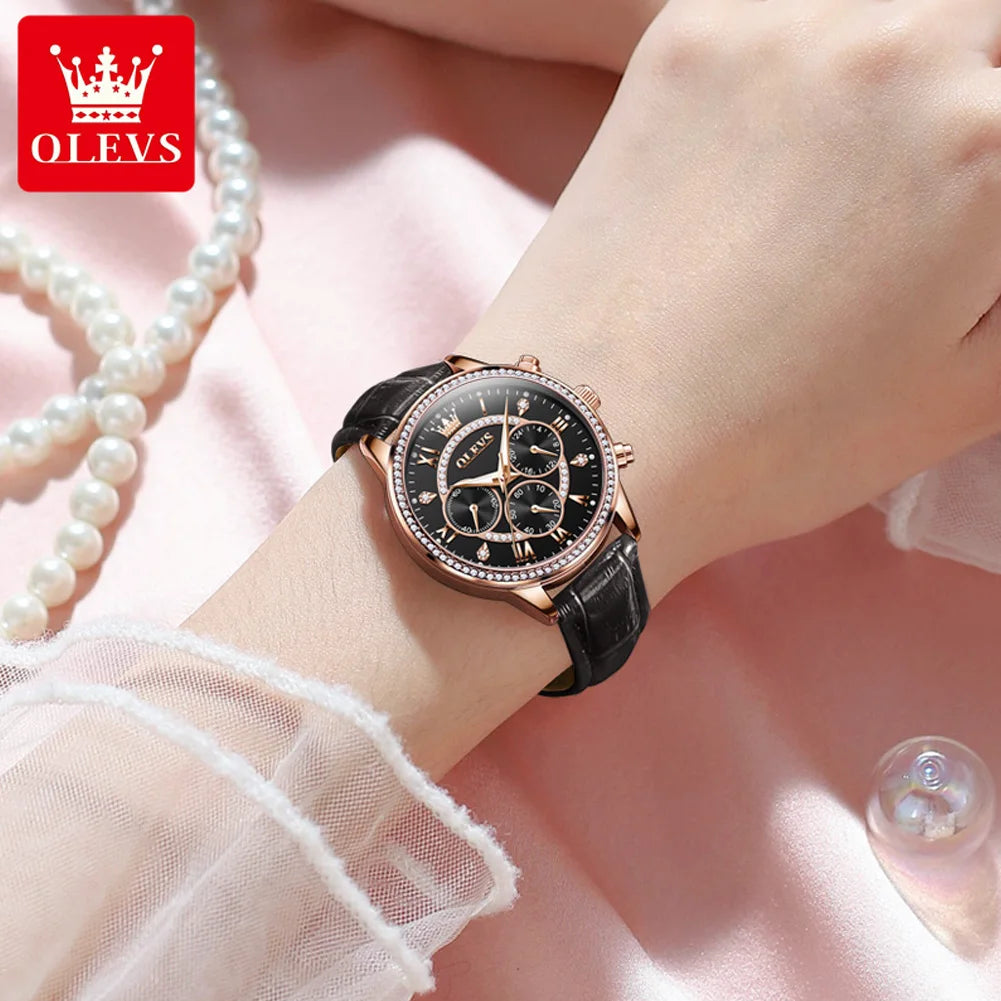 OLEVS 2915 Women's Diamond Bezel Ladies Soft Leather Waterproof Luminous Chronograph