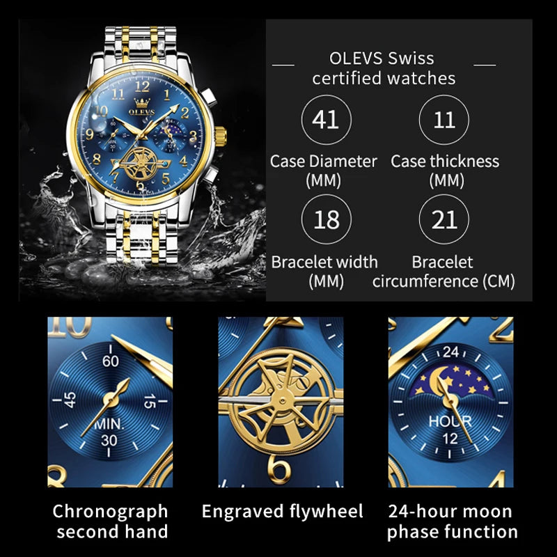 OLEVS Men's Engraved Flywheel Chronograph Display Moon Phase Waterproof Luminous