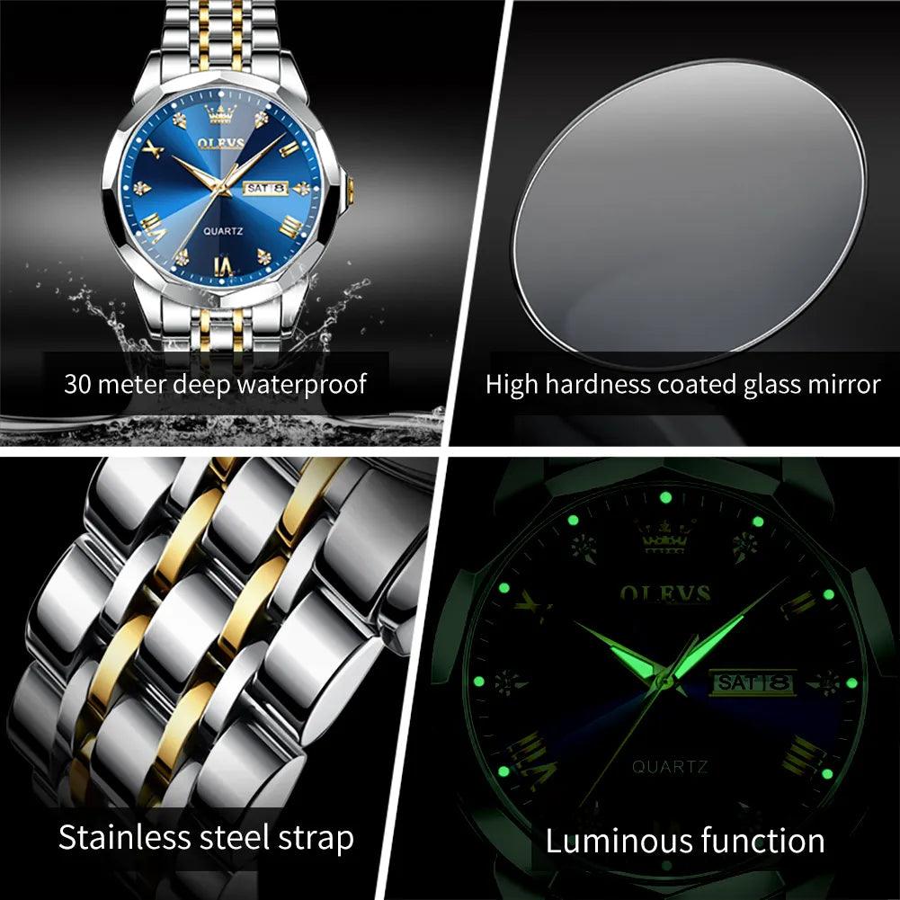 OLEVS 9931 Men's Rhombus Mirror Original Quartz Waterproof Watch for Man With Luminous Stainless Steel