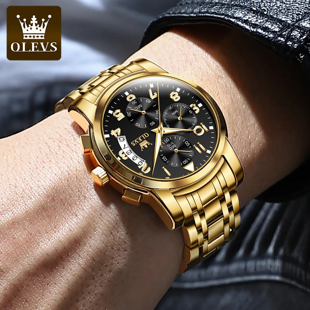 OLEVS 2879 Luxury Men's Gold Chronograph Stainless Steel Luminous Social