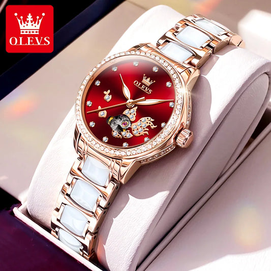 OLEVS 7001 Women's Mechanical Luck Koi Carp Drill Ring Dial Waterproof Ceramics